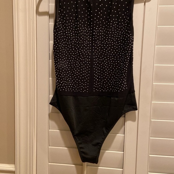 Black Sheer Silver Rhinestone Mock Neck Bodysuit new - Picture 4 of 5